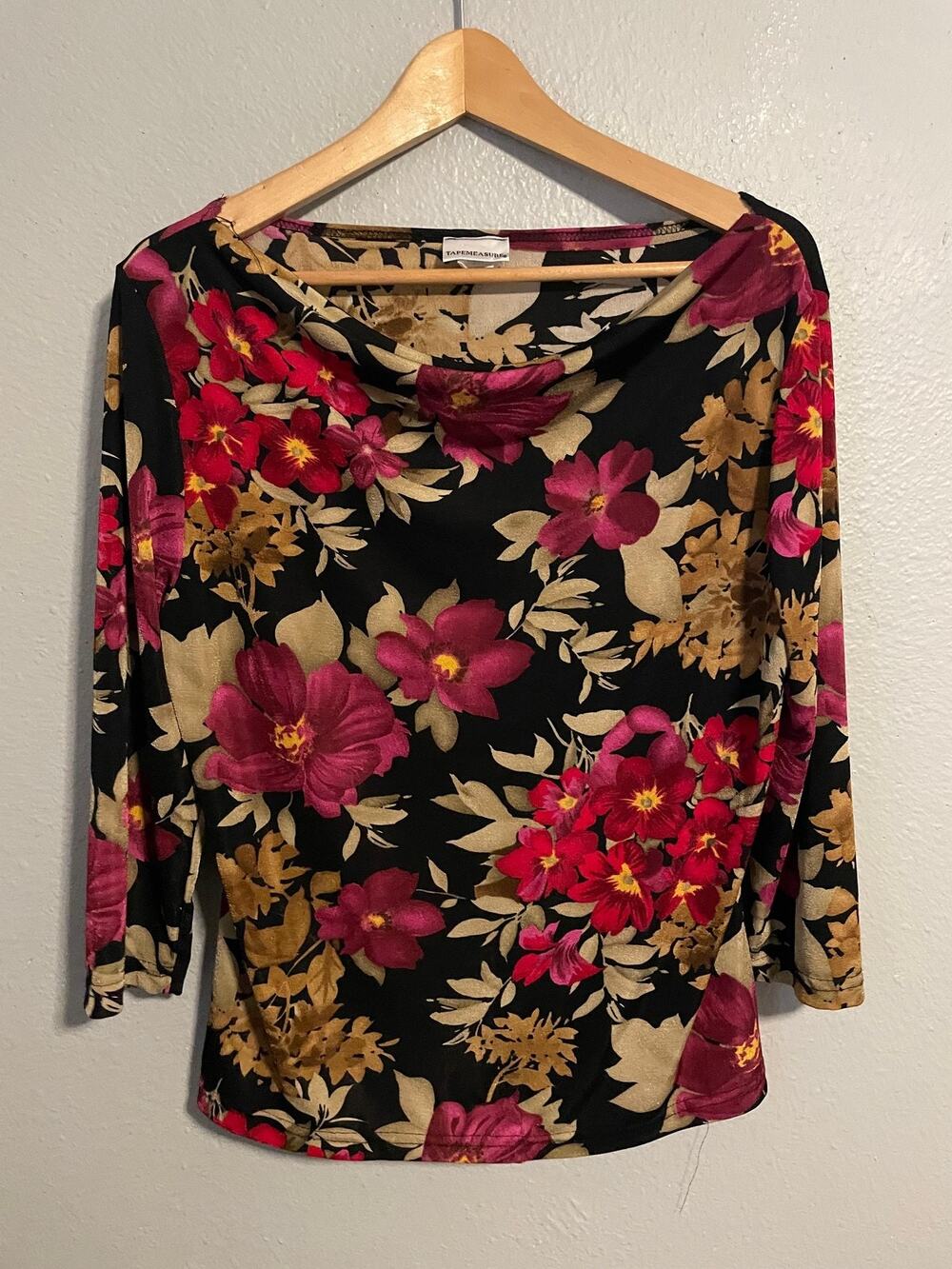 Vintage Top Womens Large Floral Cowl Neck 3/4 Sleeve Fairy Whimsigoth 90s Y2K